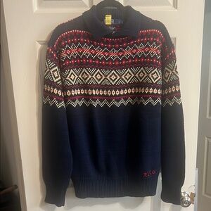 Polo by Ralph Lauren Blue and Red Crewneck Sweater with Nordic Patterns